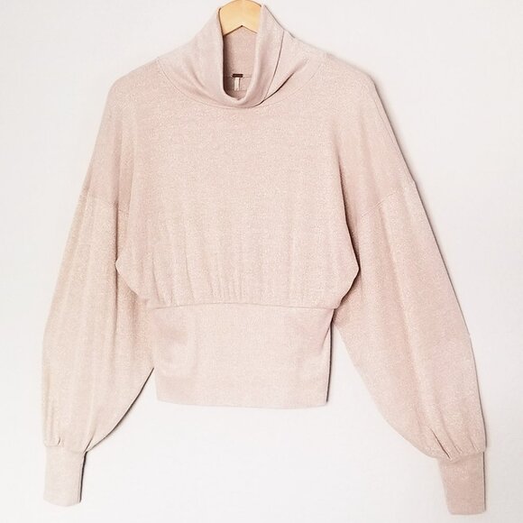 Free People Glam Sparkle Cowl Neck Pullover Sweater Pearl Dust Glitter Champagne - Picture 5 of 15